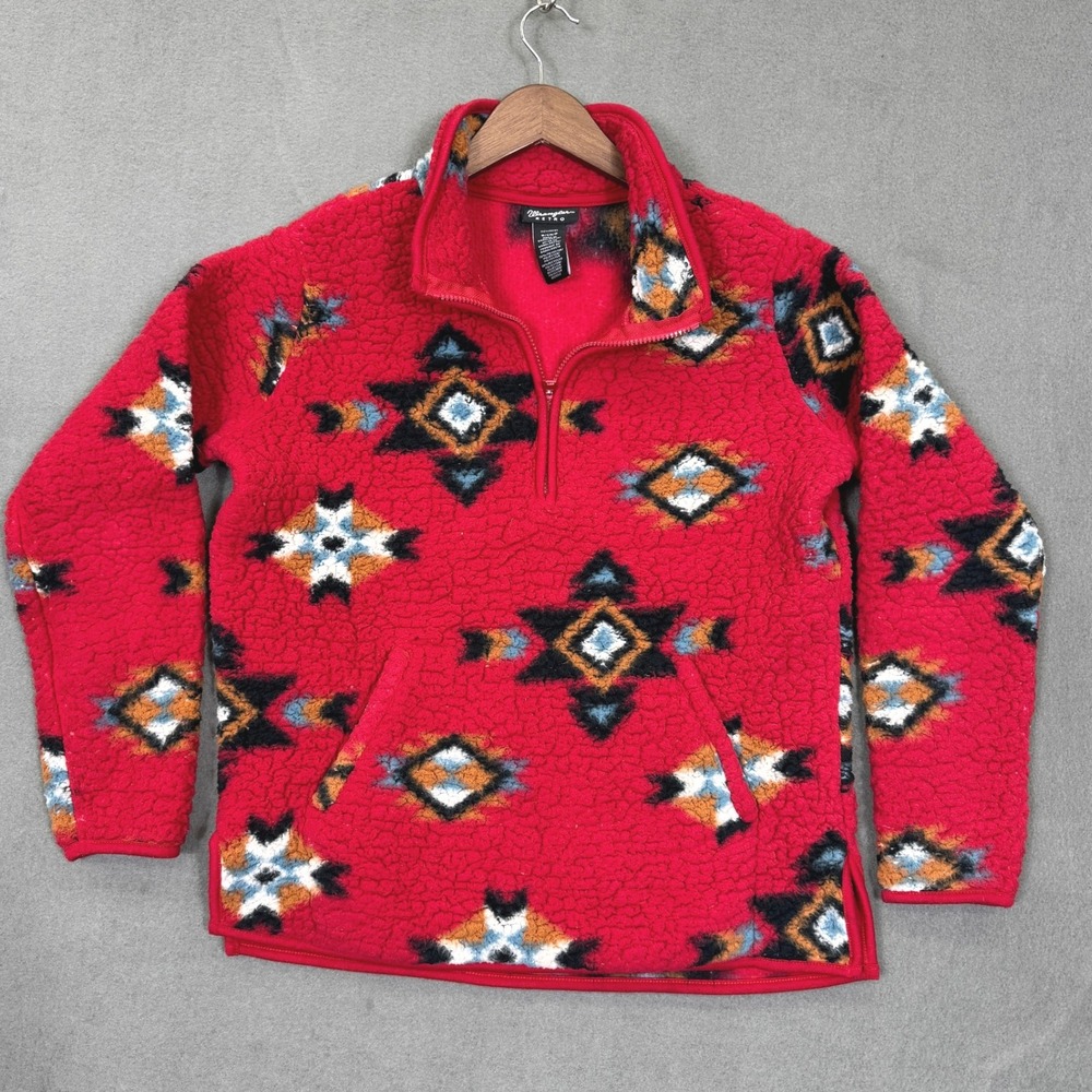 Wrangler Retro Fleece Pullover Women S Red Southwestern Aztec Sherpa Quarter Zip